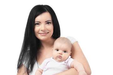 Young mother and cute baby, isolated on white