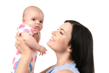 Young mother and cute baby, isolated on white