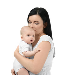 Young mother and cute baby, isolated on white