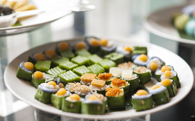 Luxury sweet dessert and mixed fruit in dinner party