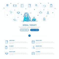 Herbalist at work concept with thin line icons: decoction, aromatic oil, oil burner, tea. Template of web page. Vector illustration.