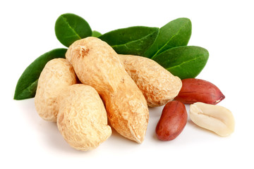 peanuts with leaf isolated on white background