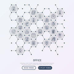 Office concept in honeycombs with thin line icons of manager, coffee machine, chair, career growth, e-mail, folders, water cooler, lamp. Vector illustration for banner, web page, print media.
