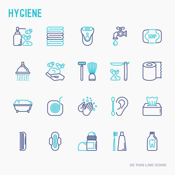 Hygiene thin line icons set: hand soap, shower, bathtub, toothpaste, razor, shaving brush, sanitary napkin, comb, ball deodorant, mouth rinse. Vector illustration.