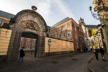 Brugge, Belgium - November, 2017. Brugge medieval historic city. Brugge streets and historic center. canals and buildings. Brugge popular touristic destination of Belgium.