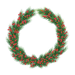 large Christmas fir wreath with red berries. Isolated on white without a shadow