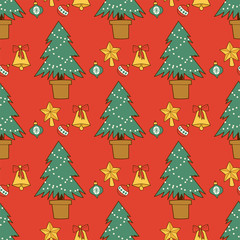 Pine tree cartoon green vector christmas holiday needle leaf trunk fir plant natural seamless pattern illustration