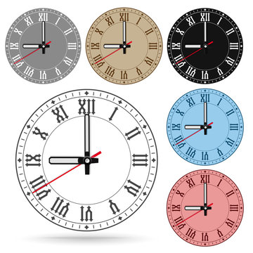 Retro clock with roman numerals. Colored set