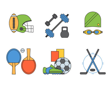 Set of sport icons in flat design line pictogram fitness symbol game trophy competition dumbbell activity vector illustration.