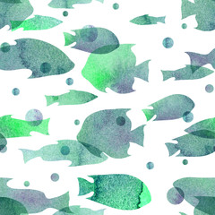 Obraz premium Watercolor illustration. Pattern from transparent silhouettes of fish of cold green shades.