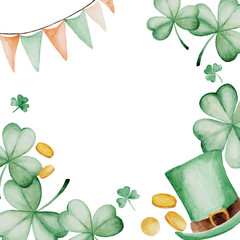 Fototapeta premium Watercolor Saint Patrick's Day frame. Clover ornament. For design, print or background