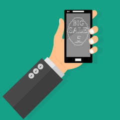 Online shopping big sale concept with man's hand holding smartphone and e-commerce vector illustration. Big Sale and sunburst or hand drawn star. Big sale Awning on smartphone