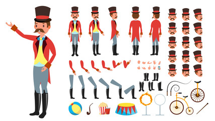 Circus Trainer Vector. Animated Character Creation Set. Full Length, Front, Side, Back View, Accessories, Poses, Face Emotions, Hairstyle, Gestures. Isolated Flat Cartoon Illustration © PikePicture