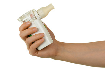 Universal electronic mesh-nebulizer in hand, isolated on white