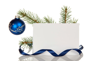 Christmas ball on pine branch, blank card for congratulations, isolated on white