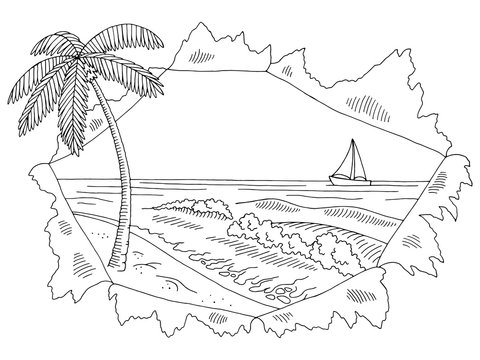 Sea coast paper hole graphic black white landscape sketch illustration vector