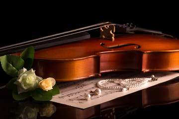 Obraz premium Violin and Notepad with notes, jewelry and flowers isolated on black