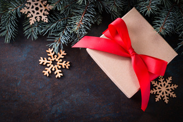 Beautiful holiday decorated background with christmas gift boxes ,fir. christmas holiday concept