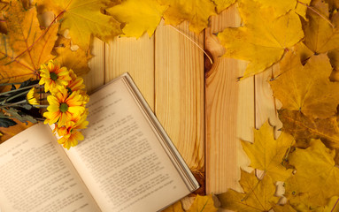 An open book and small bouquet of chrysanthemums, autumn leaves on a table