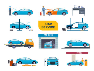 Set of car service. Car repair machines, equipment, washing, dyeing.
