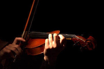 Hands of woman playing violin isolated on black