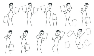 Mr Simple drawn man is looking at important papers, throwing papers into waste-basket, thinking about project, drinking coffee and speaking on the phone. He makes right decision and succeeds. Yahoo!