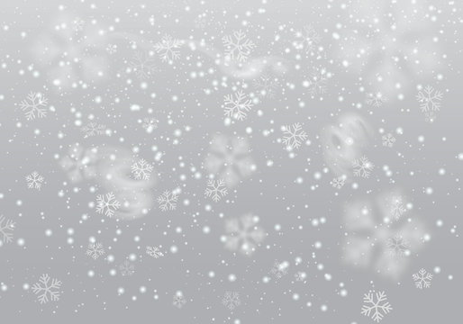 Vector heavy snowfall, snowflakes in different shapes and forms. Many white cold flake elements, swirls on transparent background. White snowflakes flying in the air.