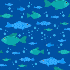 Naklejka premium Vector illustration of underwater fish. Seamless pattern in flat style.