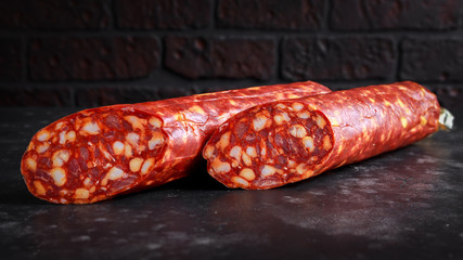 Variety of dry cured Spanish pork chorizo sausages made with paprika and garlic