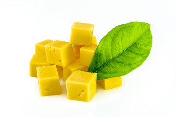 Cube of cheese isolated on a white background.