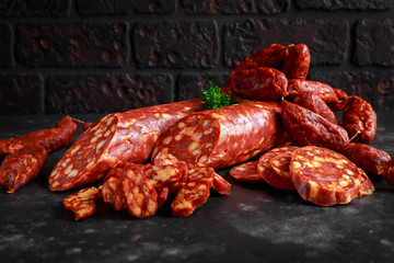 Variety of dry cured Spanish pork chorizo sausages made with paprika and garlic