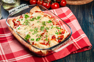 Traditional mexican enchiladas with chicken meat, spicy tomato sauce and cheese in heat resistant dish