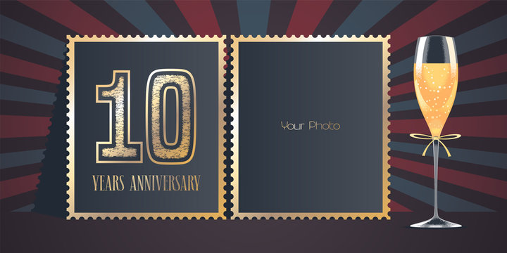 10 years anniversary vector icon, logo. Template design, greeting card with collage of photo frames, number for 10th anniversary and champagne for background or banner