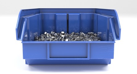 3D rendering - closeup blue plastic storage bin with nuts isolated on white background.