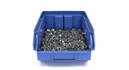 3D rendering - closeup blue plastic storage bin with nuts isolated on white background.