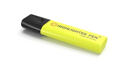3D rendering - closeup yellow highlighter pen isolated on white background.