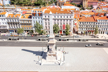 Top view on the Rossio square with Pedro IV statue in Lisbon city, Portugal