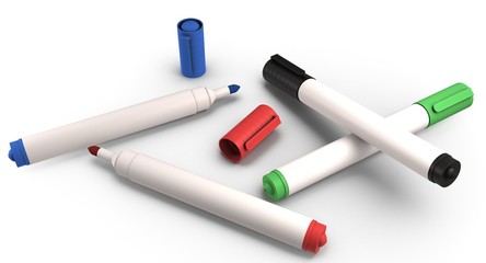 3D rendering - set of colorful whiteboard markers isolated on white background.