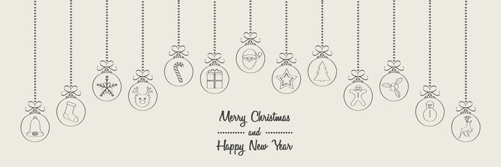 Fototapeta na wymiar Christmas banner with wishes and hanging balls with hand drawn decorations. Vector.