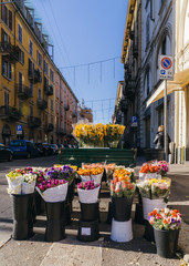 Bouquet of colourful flowers for sale on the street of Milan, Lombardy, Italy