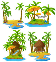 Four islands with wooden hut and coconut trees