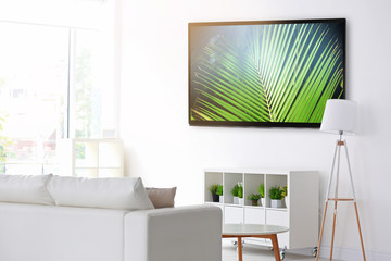 Fototapeta premium Stand for TV set in modern white living room
