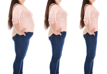 Overweight woman before and after weight loss on white background
