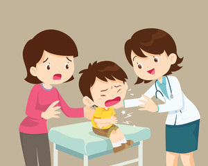 Female Doctor Comforting Her Crying Patient boy with Mom