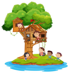 Happy children playing in treehouse on island