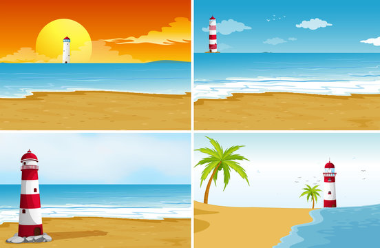 Four background scenes with beach and ocean