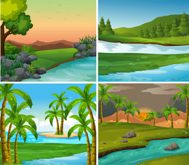 Four background scenes of rivers and field