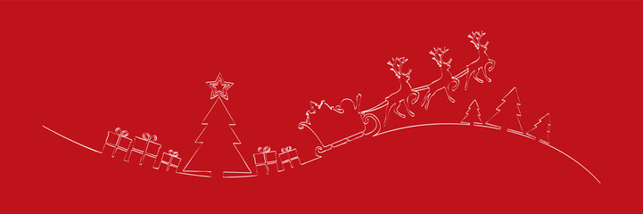 Panoramic Christmas banner with hand drawn silhouette of christmas tree, Santa Claus and presents. Vector. 