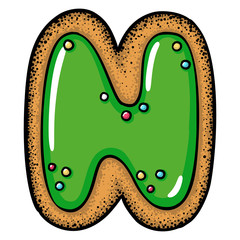 Hand drawn vector gingerbread cookie letter N isolated on white background