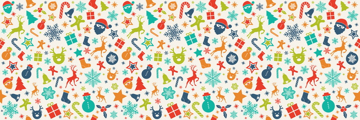 Panoramic Christmas pattern with colourful decoration. Vector.